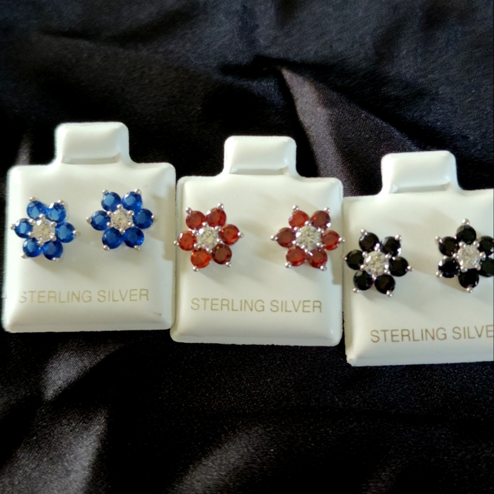 Sterling Silver Floral Earrings Set - Blue, Red, Black